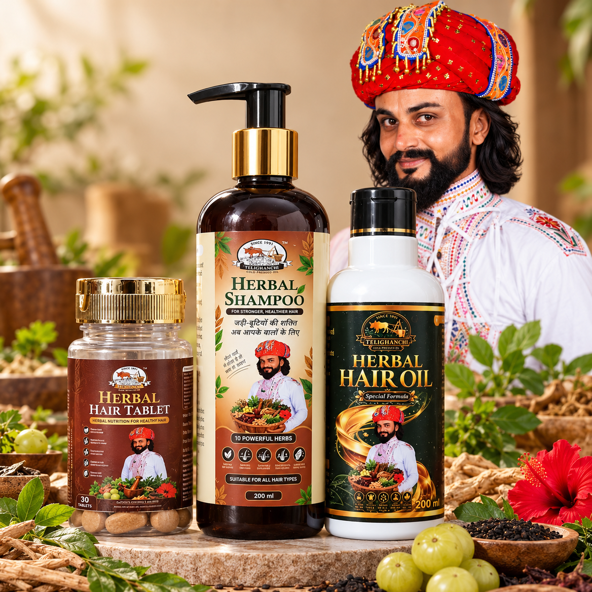 Mota Bhai Hair Growther Combo – Herbal Hair Oil, Shampoo & Hair Care Tablets